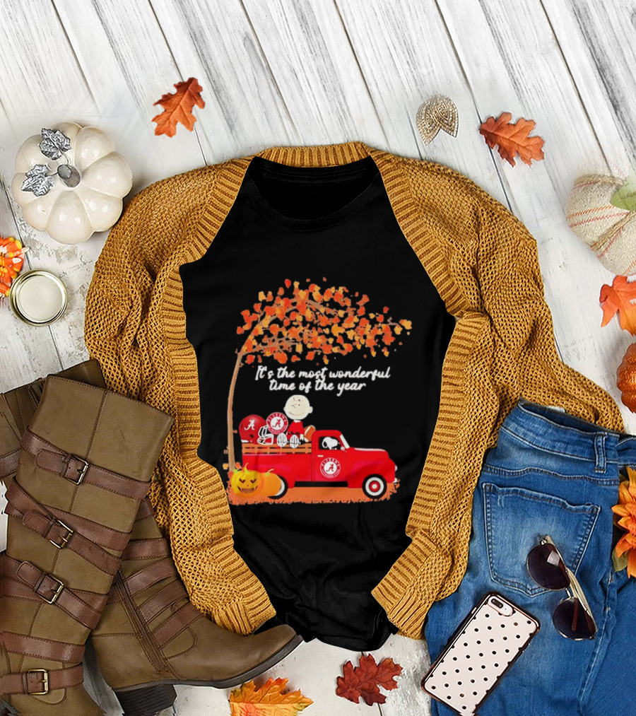 Peanuts Characters Alabama Crimson Tide Pickup Truck Fall Scene T-Shirt
