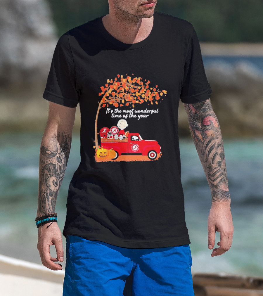 Peanuts Characters Alabama Crimson Tide Pickup Truck Fall Scene T-Shirt