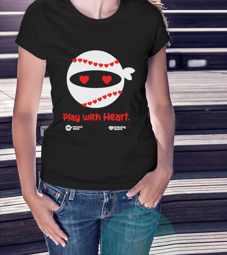 Pitching Ninja Play With Heart Red Love Hearts Baseball T-Shirt
