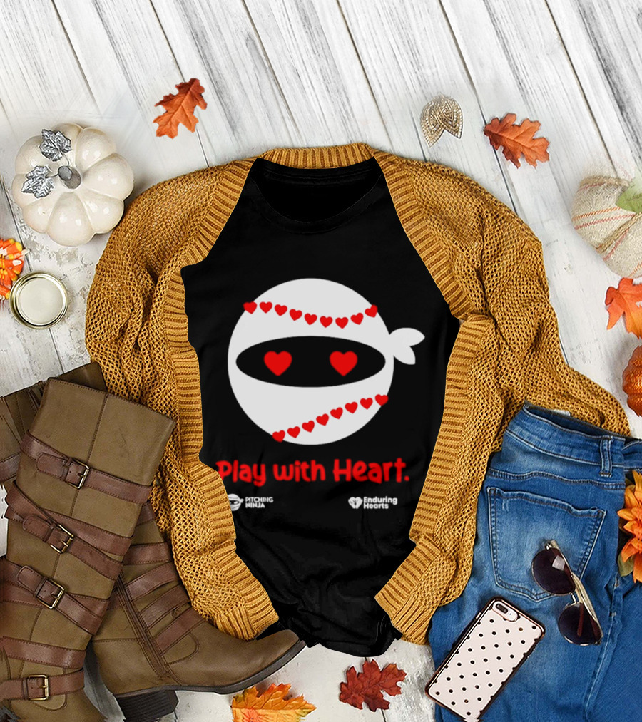 Pitching Ninja Play With Heart Red Love Hearts Baseball T-Shirt