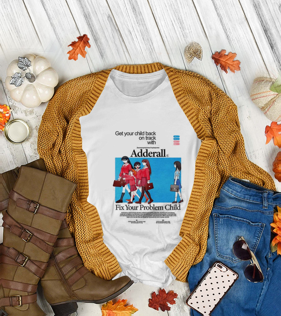 Get Your Problem Child Back on Track with Adderall Anime Girls in Red Uniforms with Briefcases and Pills T-Shirt