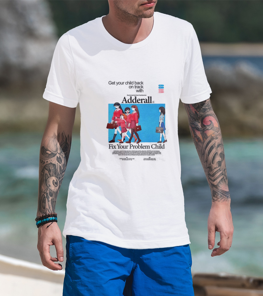 Get Your Problem Child Back On Track With Adderall Anime Girls In Red Uniforms With Briefcases And Pills T-Shirt