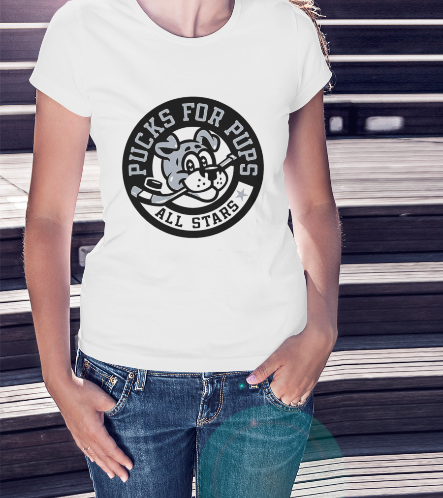 Pucks For Pups All Stars Hockey Dog With Hockey Stick T-Shirt