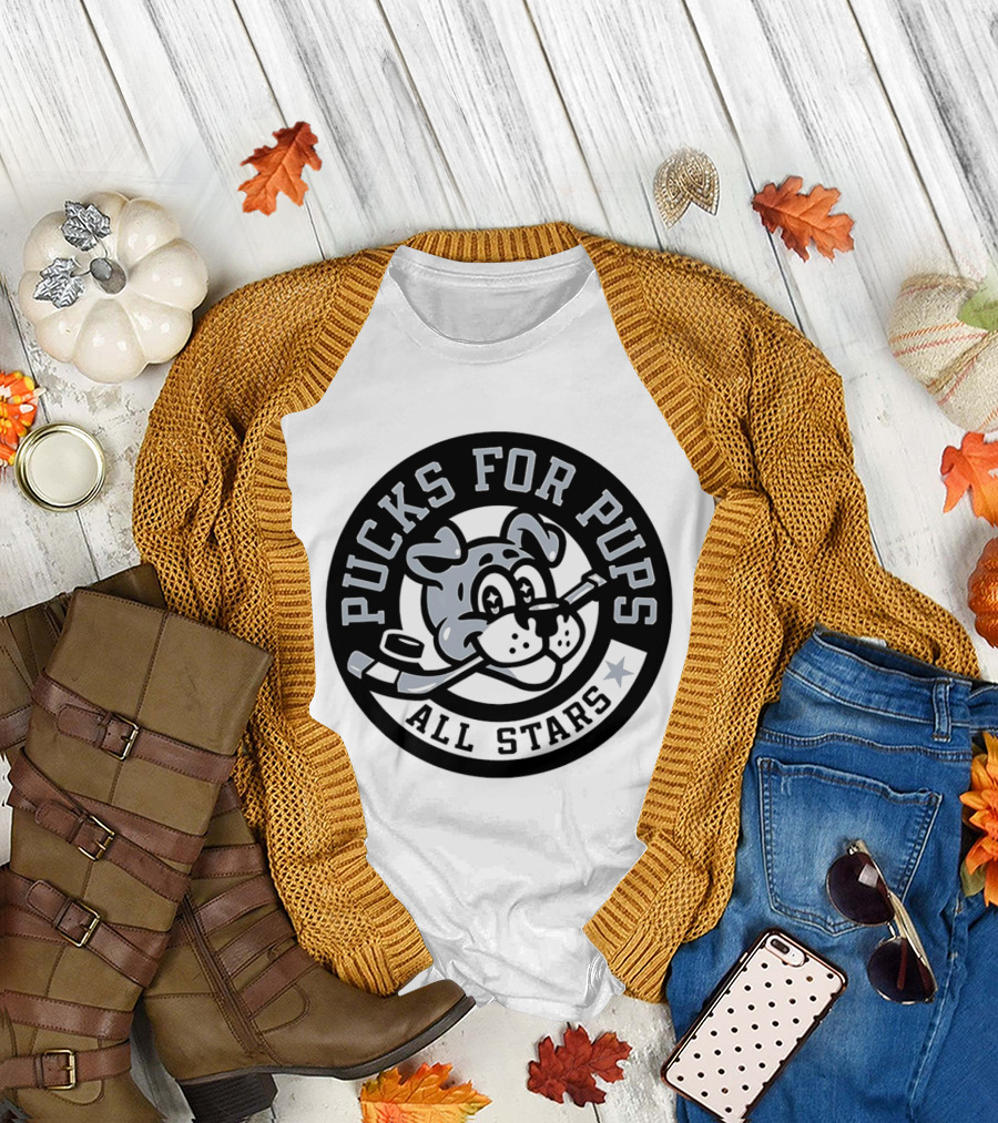 Pucks For Pups All Stars Hockey Dog With Hockey Stick T-Shirt