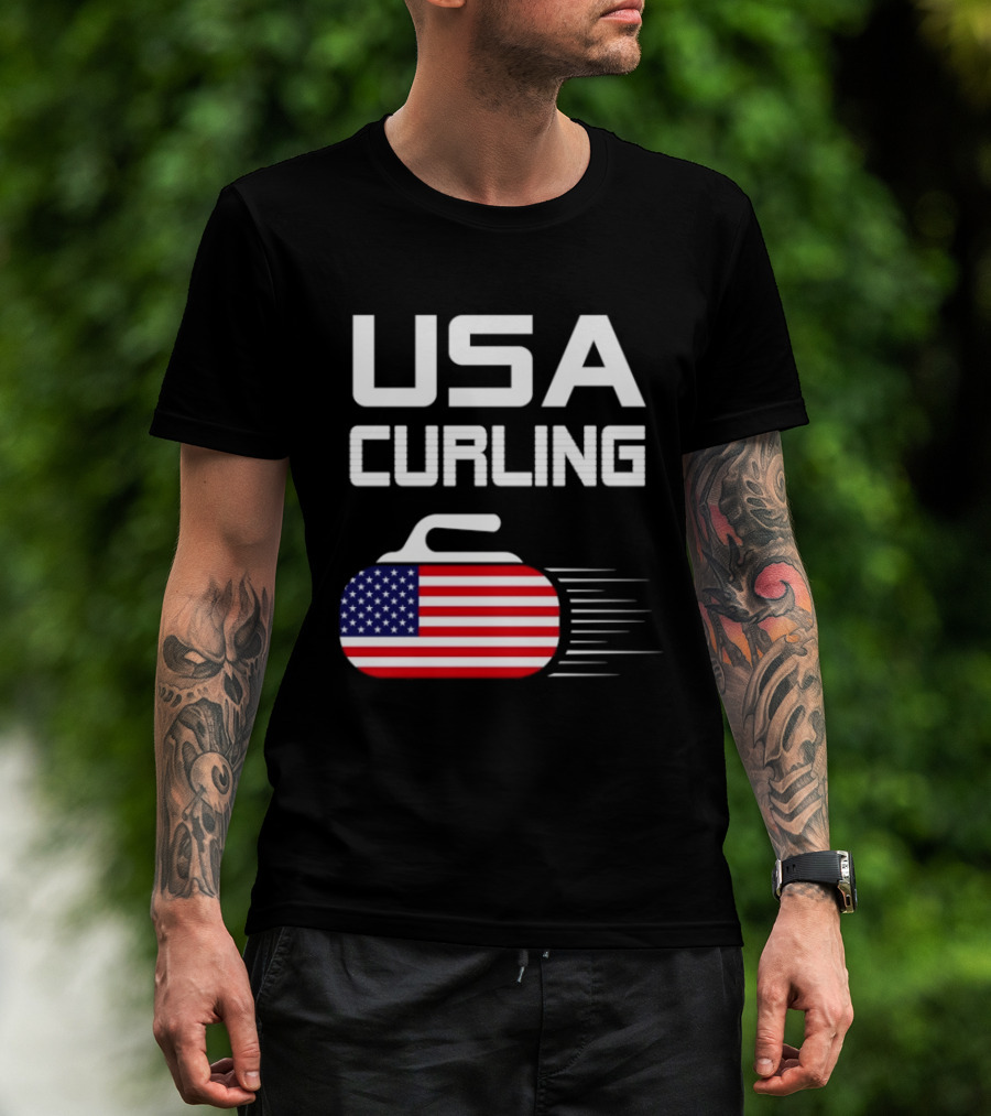 USA Curling American Flag Stone T-Shirt