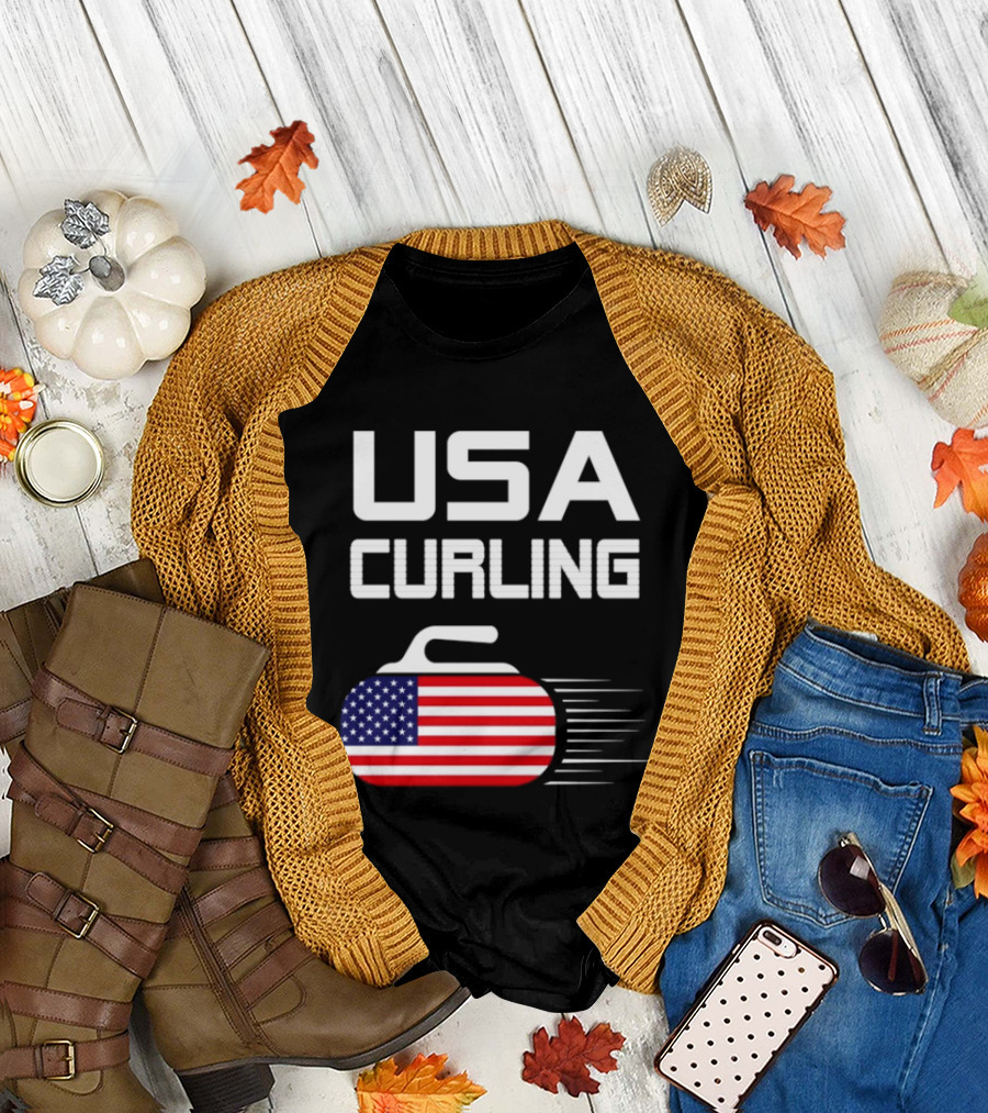 USA Curling American Flag Stone T-Shirt