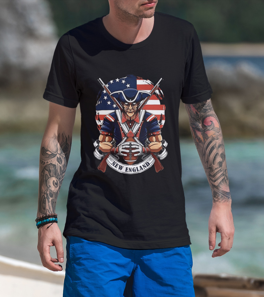 New England Patriots Revolutionary Soldier American Flag Football T-Shirt