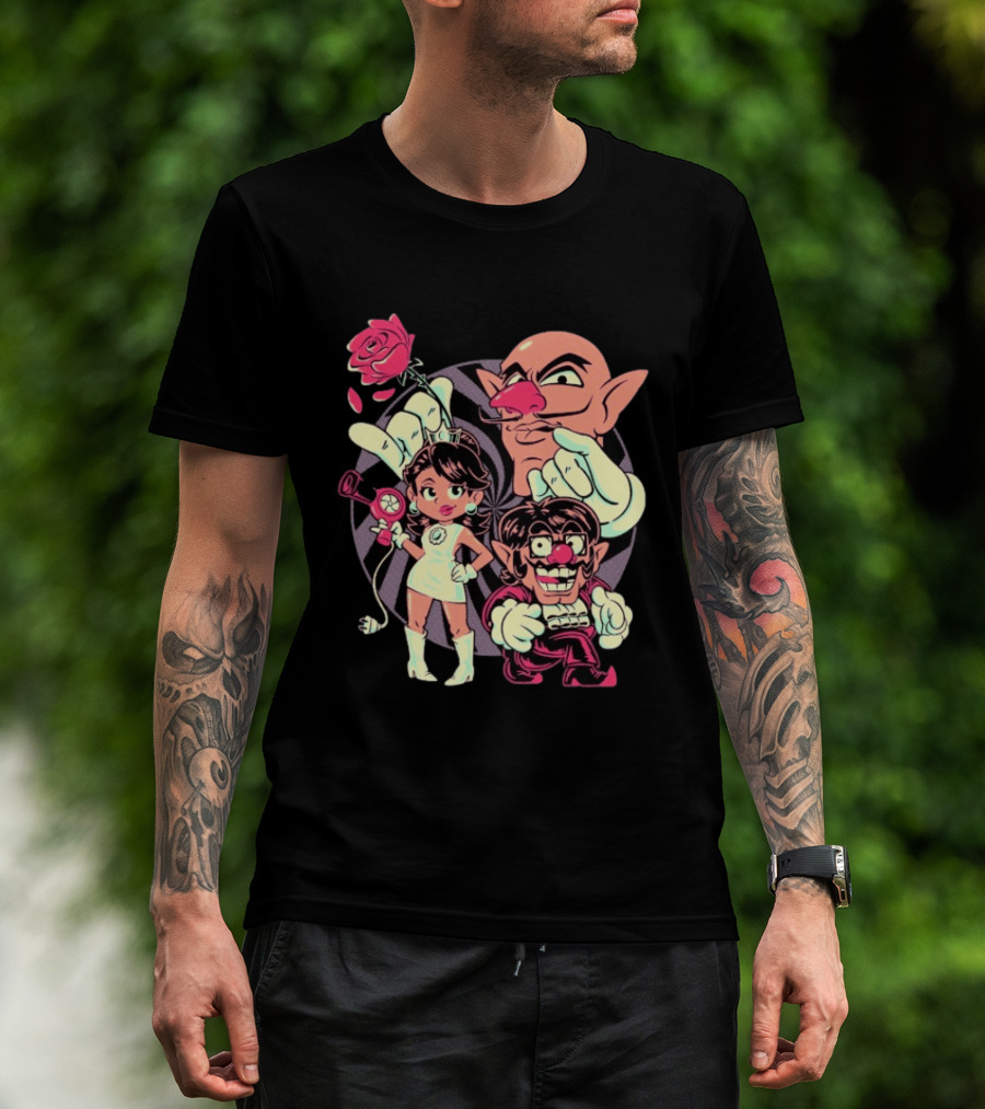 Henrique Torres Oh Be Wah Ve Vintage Cartoon Style Characters And Rose With Electric Plug T-Shirt