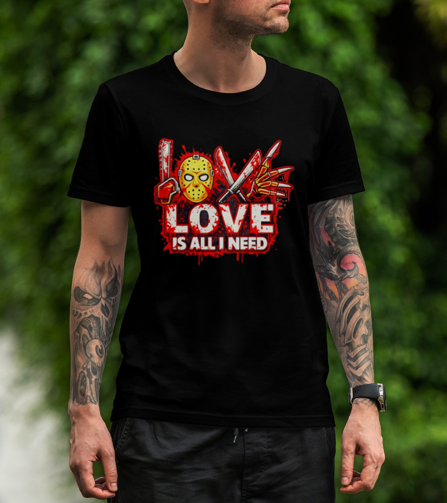 Horror Love Is All I Need Valentine Halloween Mask Knife Claw T-Shirt