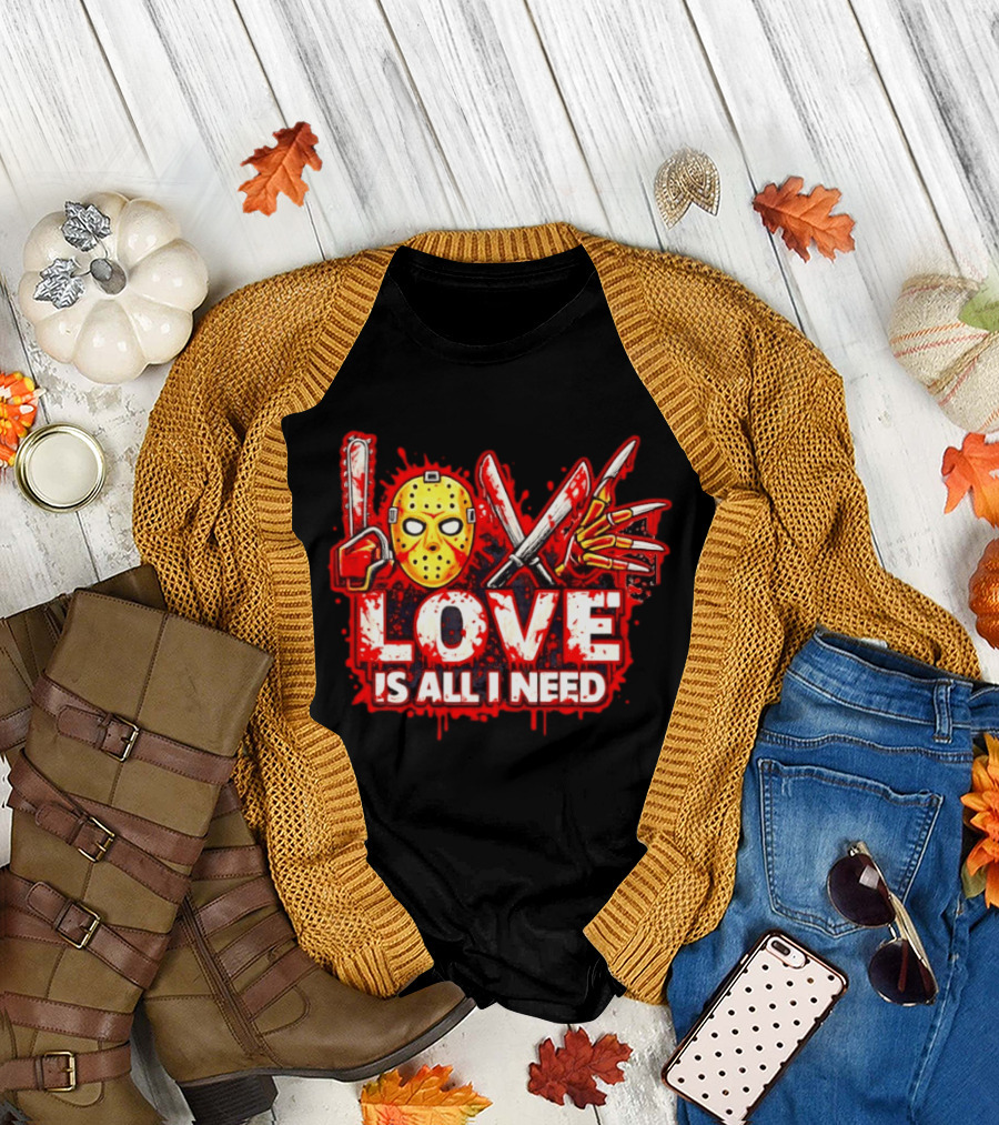 Horror Love Is All I Need Valentine Halloween Mask Knife Claw T-Shirt