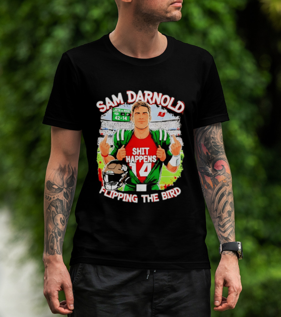 Sam Darnold Shit Happens 14 Flipping The Bird Stadium 42 14 T-Shirt