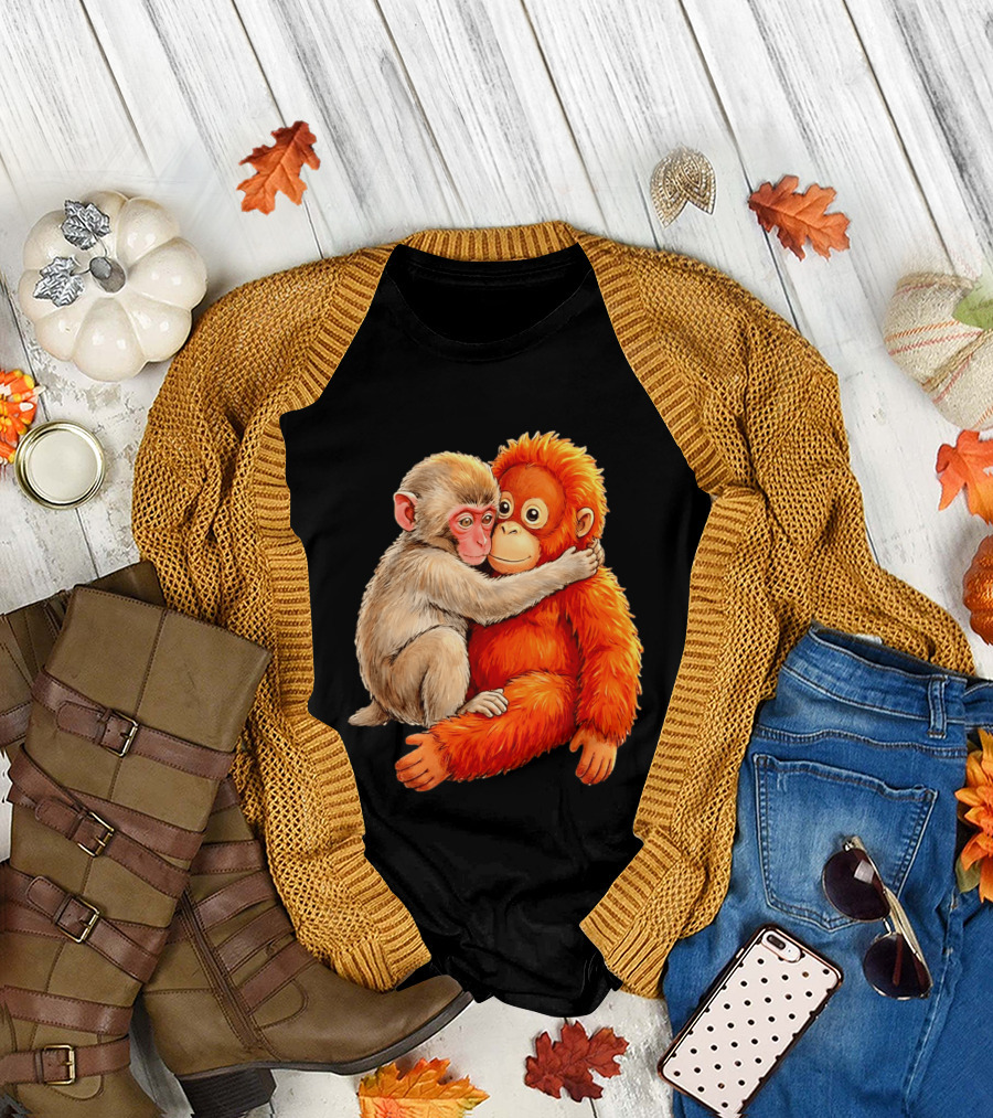 Baby Macaque Hugging Punch Monkey T-Shirt