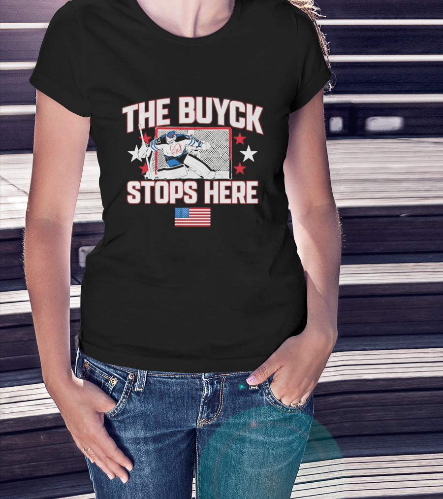 The Buyck Stops Here Winnipeg Jets Hockey Goalie USA Flag Stars T-Shirt