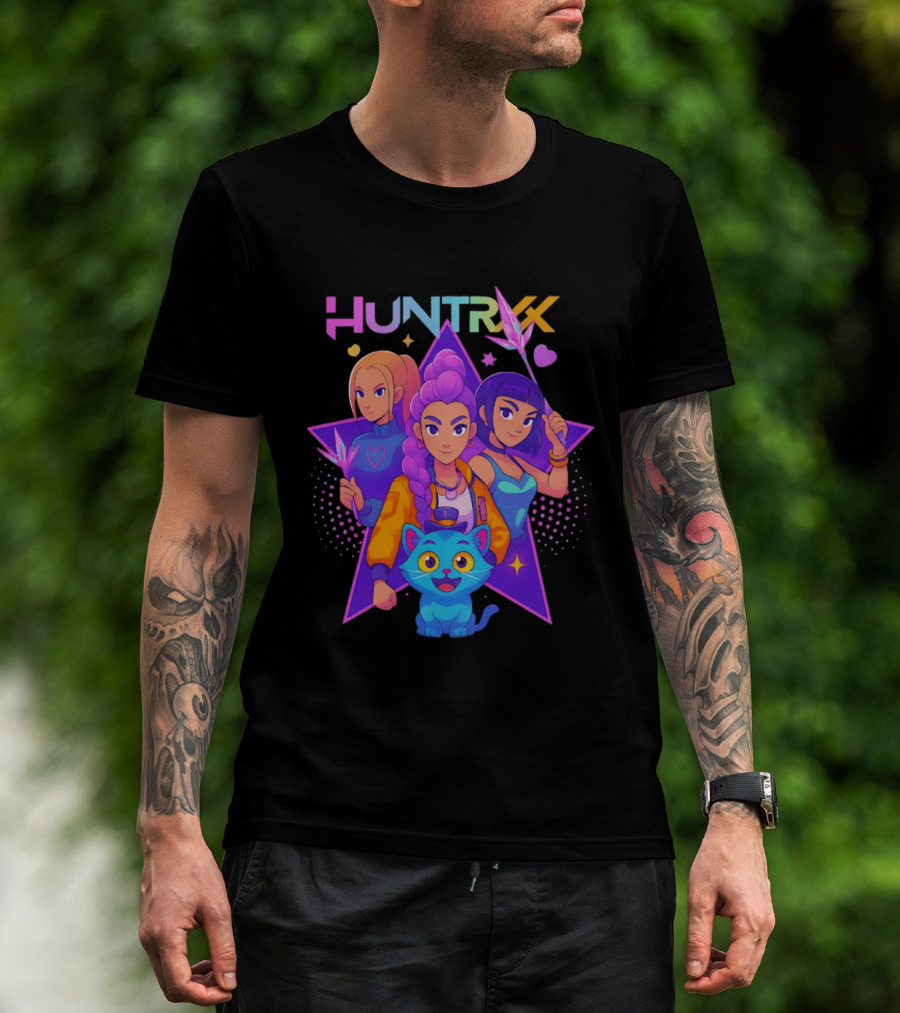Huntrx Anime All Characters Vibrant Magical Trio And Blue Cat With Crystal Stars T-Shirt