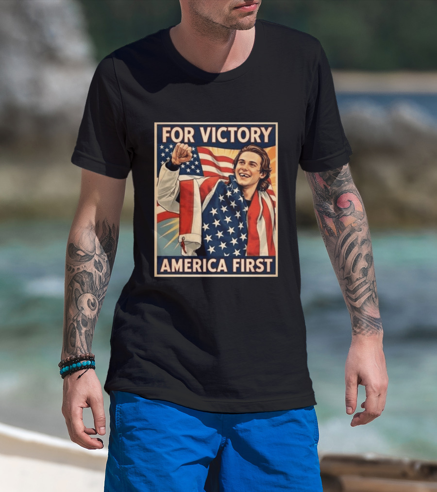 For Victory America First Patriotic Jack Hughes Victory Pose T-Shirt