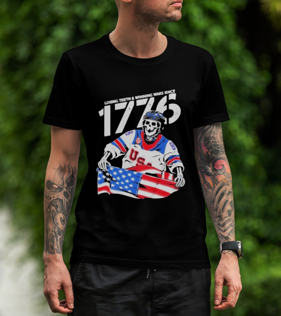Losing Teeth Winning Wars Since 1776 USA Hockey Skeleton American Flag T-Shirt