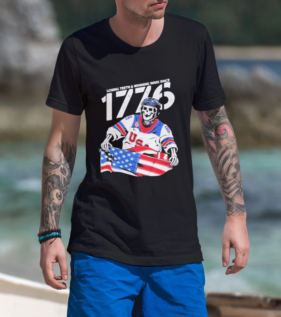 Losing Teeth Winning Wars Since 1776 USA Hockey Skeleton American Flag T-Shirt