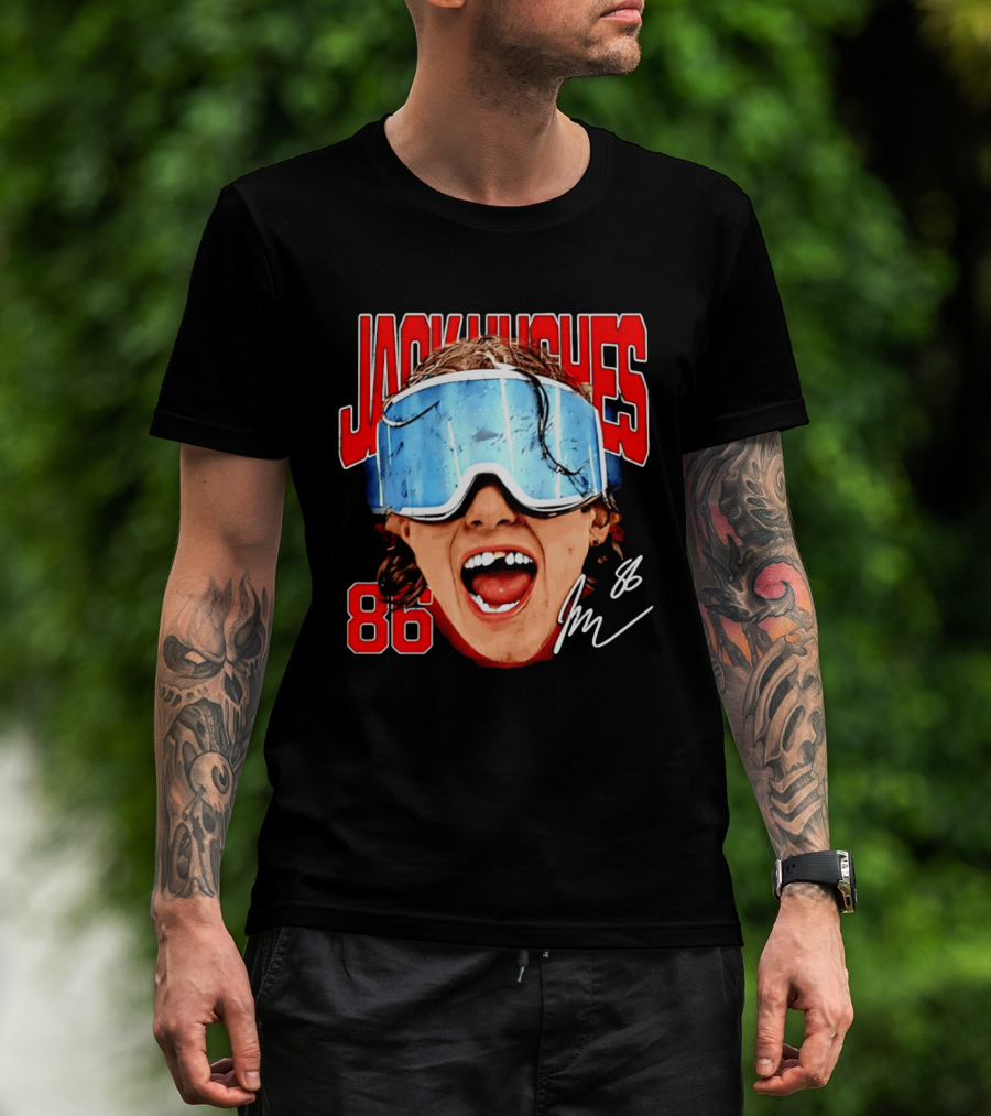 Jack Hughes New Jersey Devils 86 Goggles Signature T-Shirt