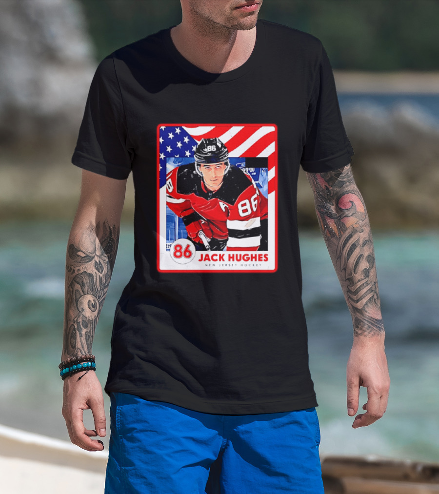 Jack Hughes 86 New Jersey Hockey American Flag T-Shirt
