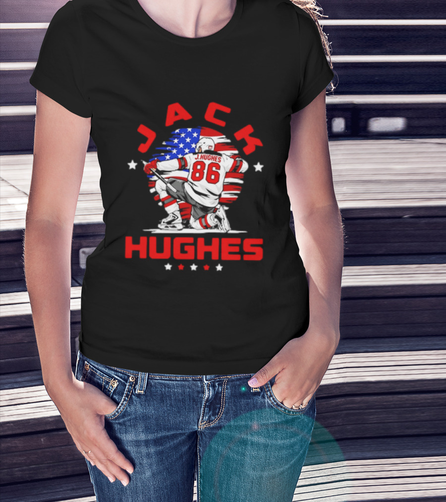 Jack Hughes 86 New Jersey Devils USA Flag Celebration T-Shirt