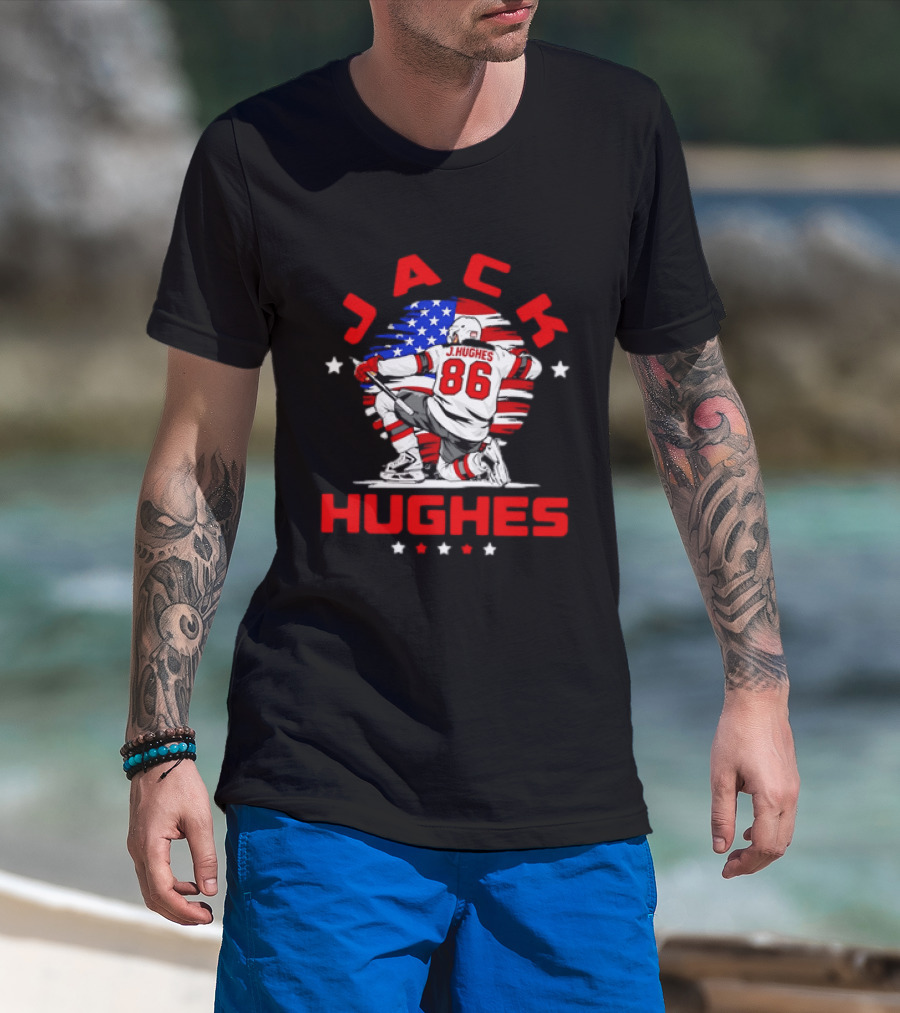 Jack Hughes 86 New Jersey Devils USA Flag Celebration T-Shirt
