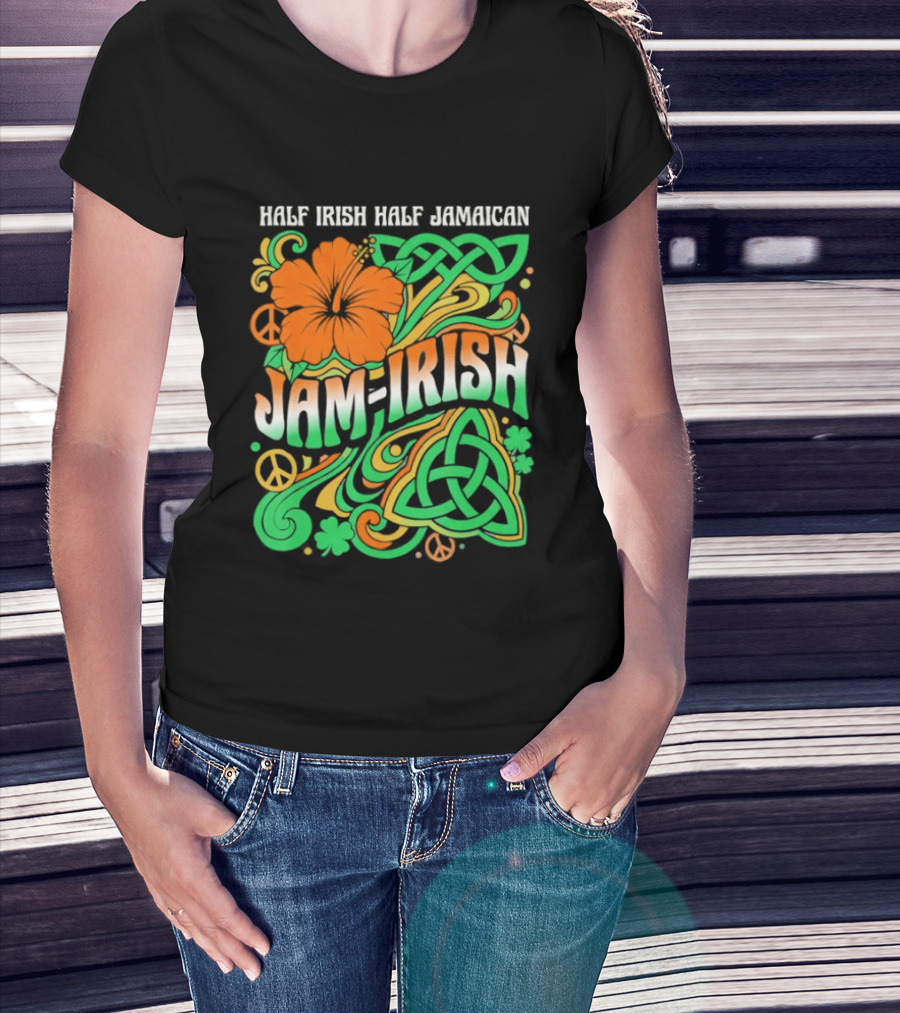 Jam Irish Half Irish Half Jamaican St Patrick's Day Hibiscus Celtic T-Shirt