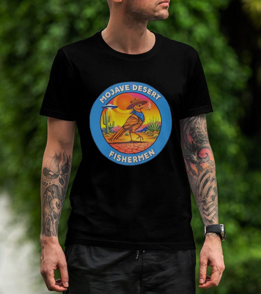 Mojave Desert Fishermen UFO Roadrunner Cowboy Sunset Cactus Circle T-Shirt