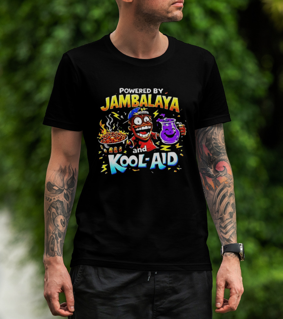 Powered By Jambalaya And Kool Aid Bold Colors Cartoon Character Fun T-Shirt