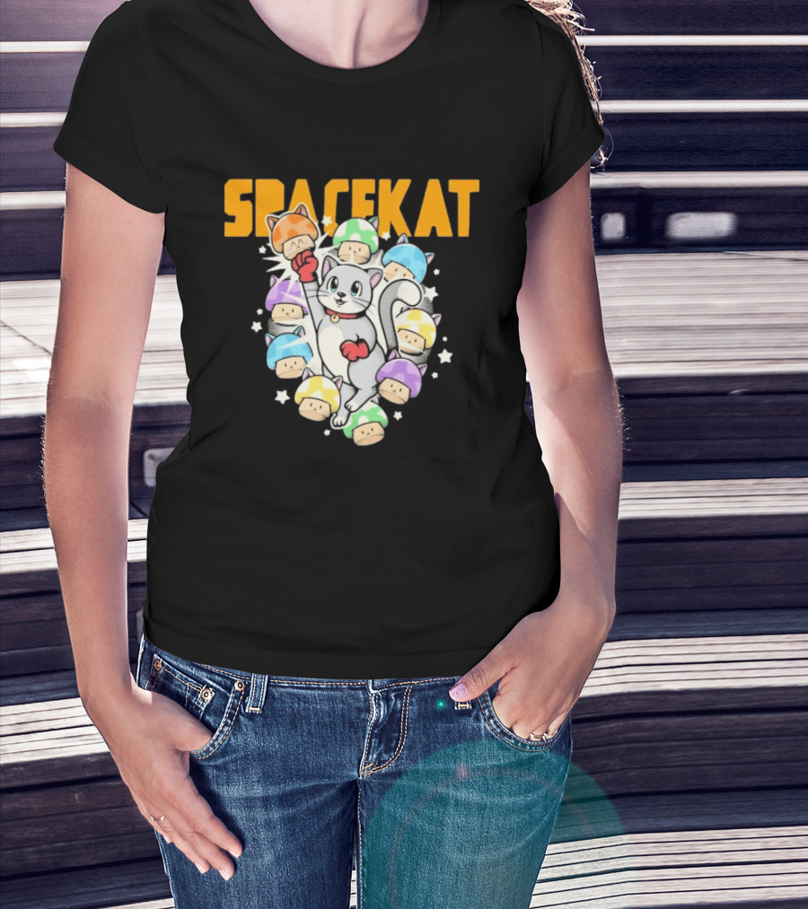Spacekat Cat Surrounded By Colorful Mushroom Characters T-Shirt