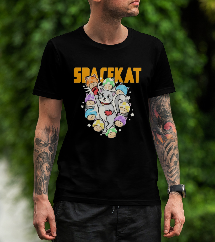 Spacekat Cat Surrounded By Colorful Mushroom Characters T-Shirt