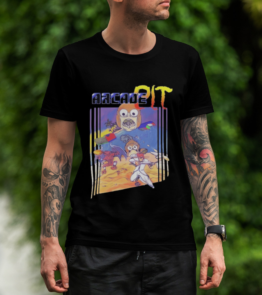 Arcade Pit Smight X Contra Characters And Cartoon Face Beach Scene T-Shirt