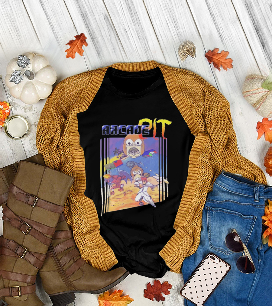 Arcade Pit Smight X Contra Characters and Cartoon Face Beach Scene T-Shirt