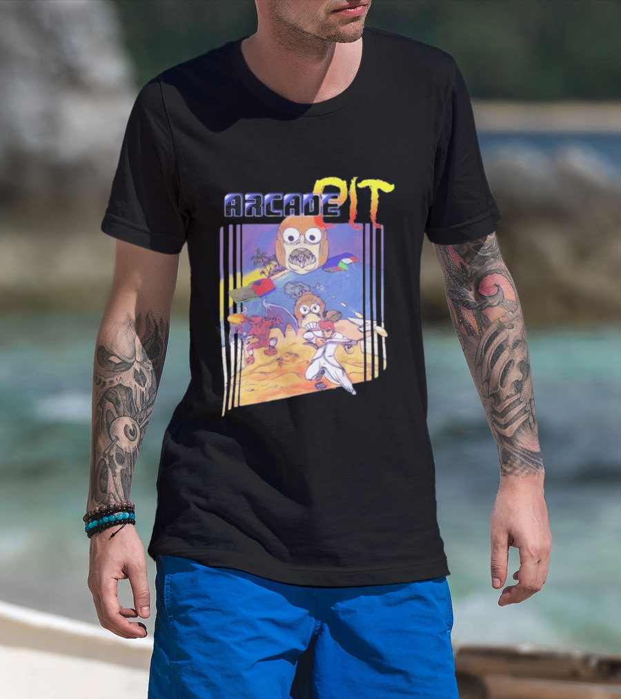 Arcade Pit Smight X Contra Characters And Cartoon Face Beach Scene T-Shirt