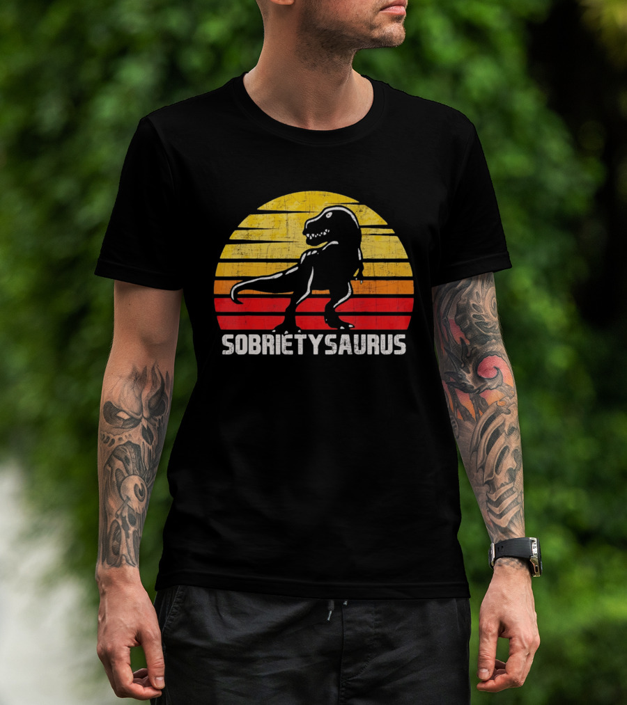 Sober Sobrietysaurus Sobriety Anniversary Recovery Rex Sunset T-Shirt
