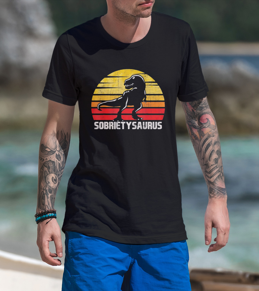 Sober Sobrietysaurus Sobriety Anniversary Recovery Rex Sunset T-Shirt