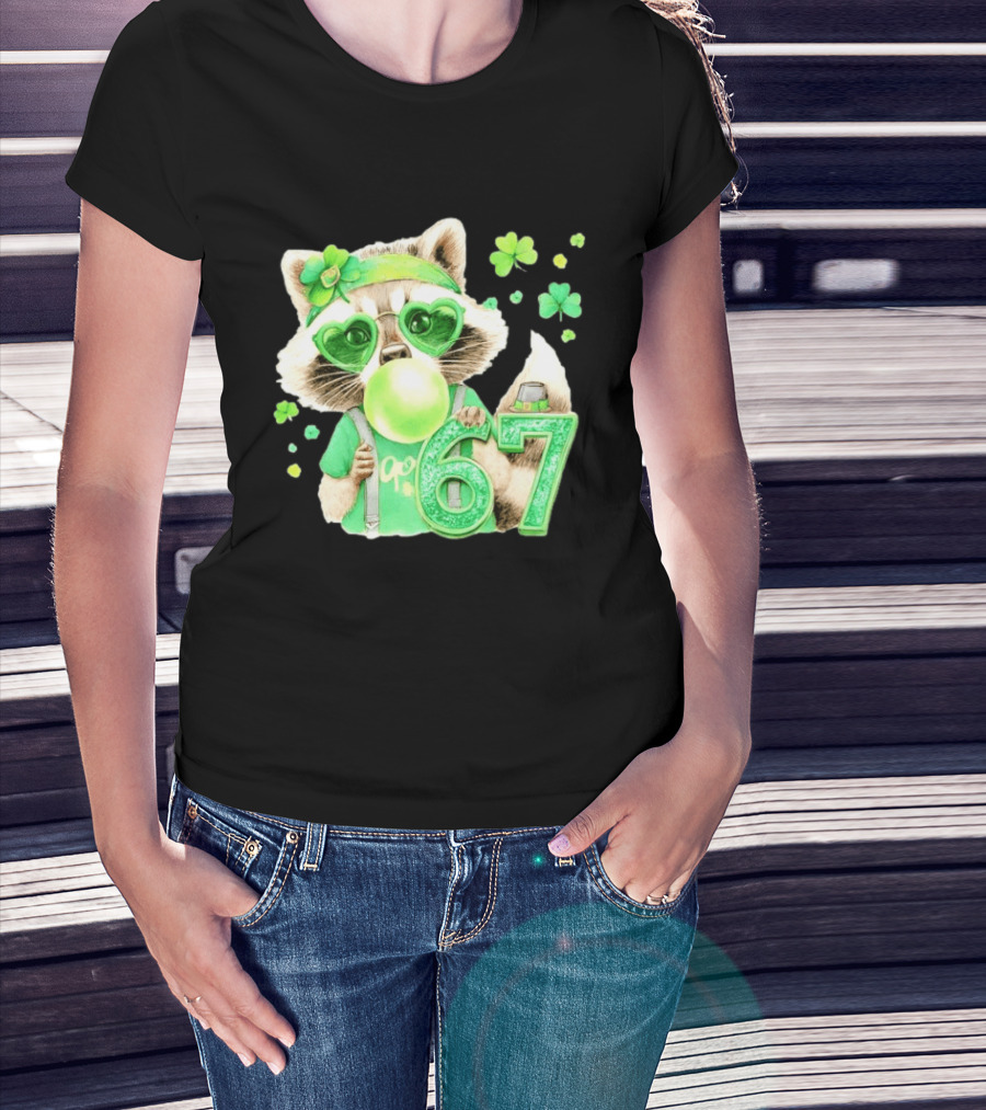 St Patrick's Day Raccoon With Shamrock Heart Glasses And 67 Bubblegum T-Shirt