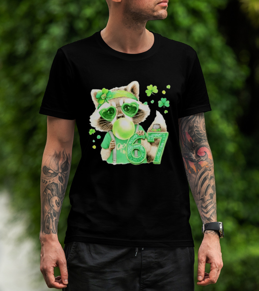 St Patrick's Day Raccoon With Shamrock Heart Glasses And 67 Bubblegum T-Shirt