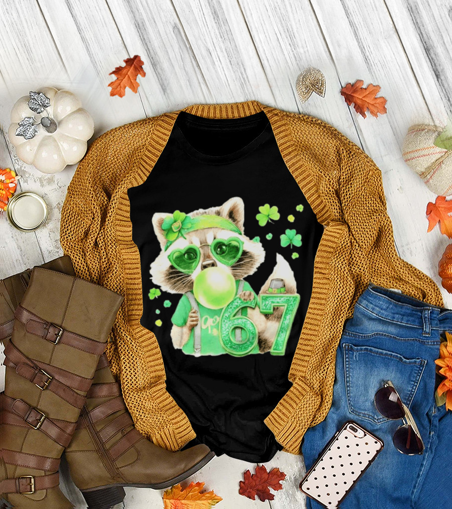 St Patrick's Day Raccoon with Shamrock Heart Glasses and 67 Bubblegum T-Shirt