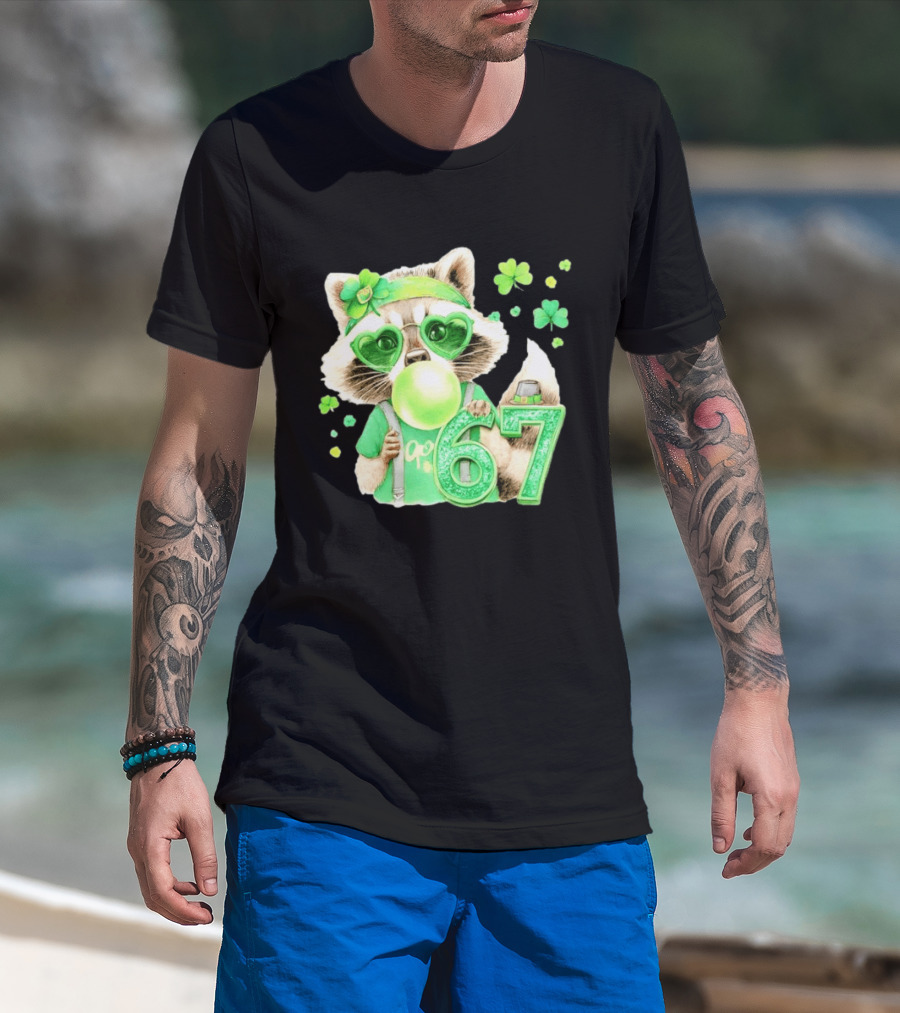 St Patrick's Day Raccoon With Shamrock Heart Glasses And 67 Bubblegum T-Shirt