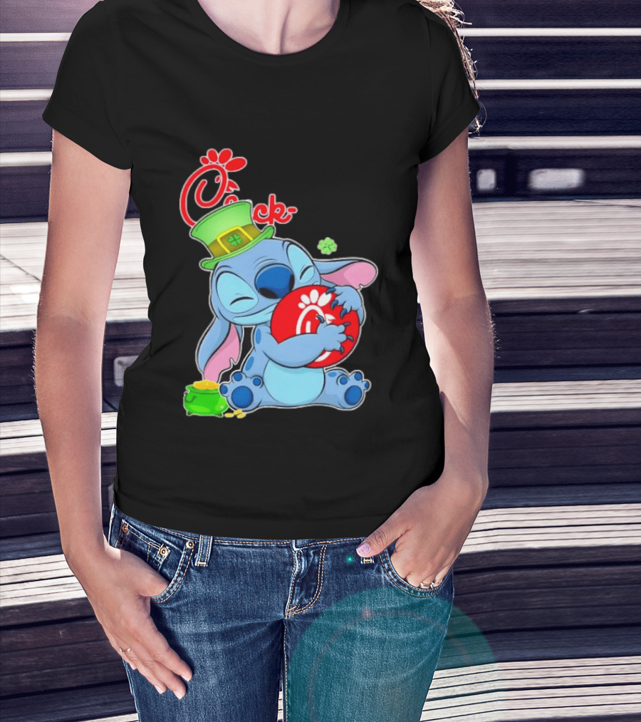 Stitch Holding Chick Fil A Logo With St. Patrick's Day Hat And Clover T-Shirt