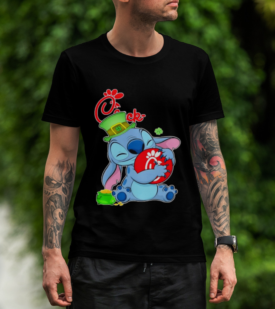 Stitch Holding Chick Fil A Logo With St. Patrick's Day Hat And Clover T-Shirt