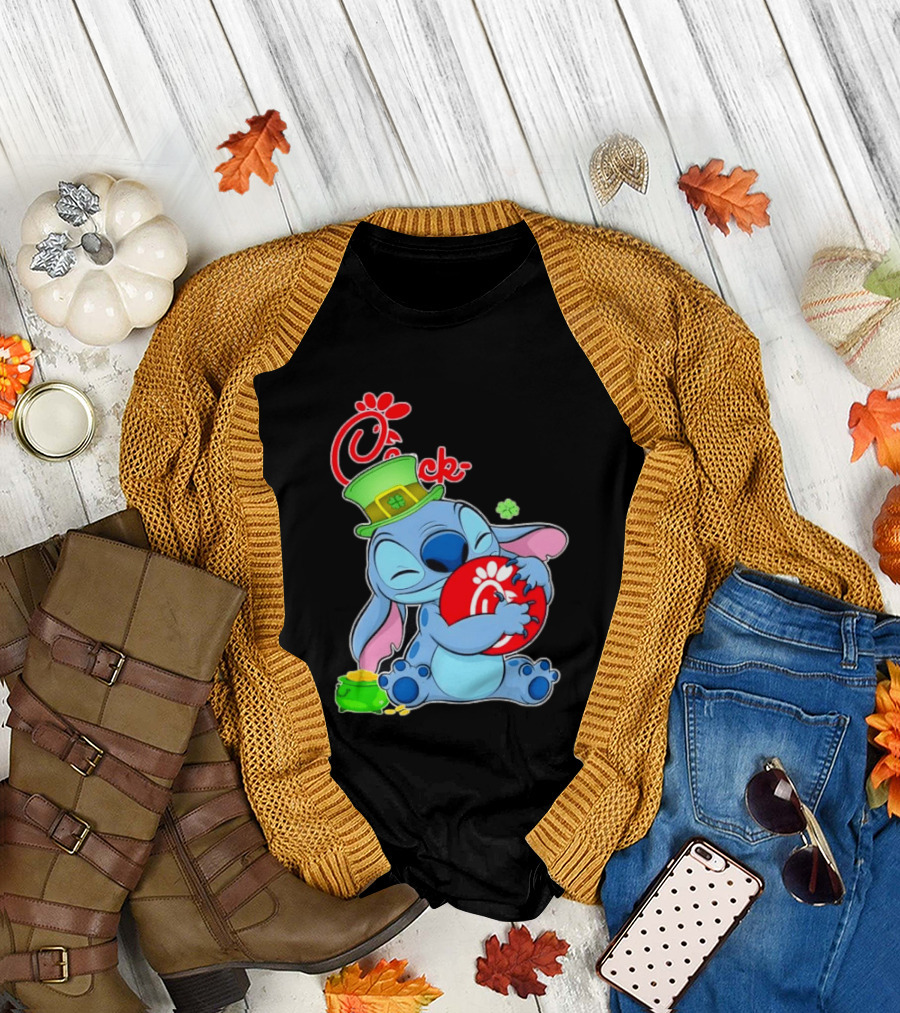 Stitch Holding Chick fil A Logo with St. Patrick's Day Hat and Clover T-Shirt