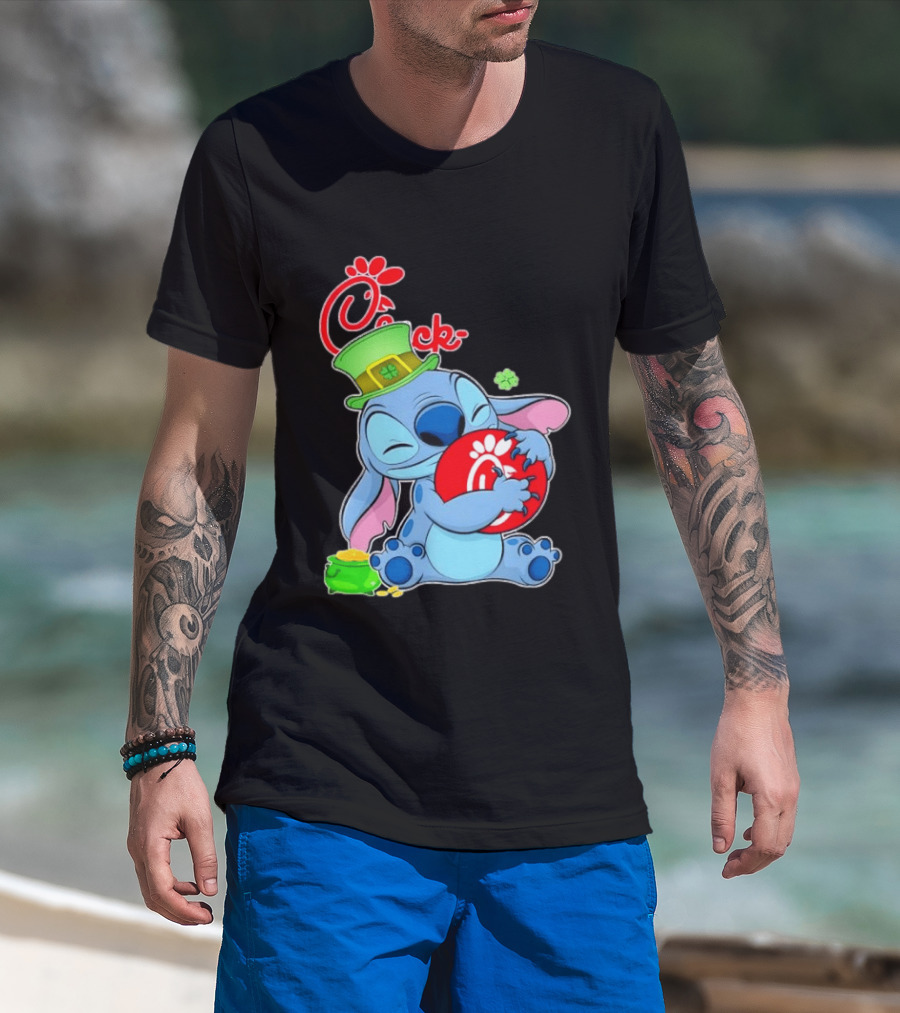 Stitch Holding Chick Fil A Logo With St. Patrick's Day Hat And Clover T-Shirt