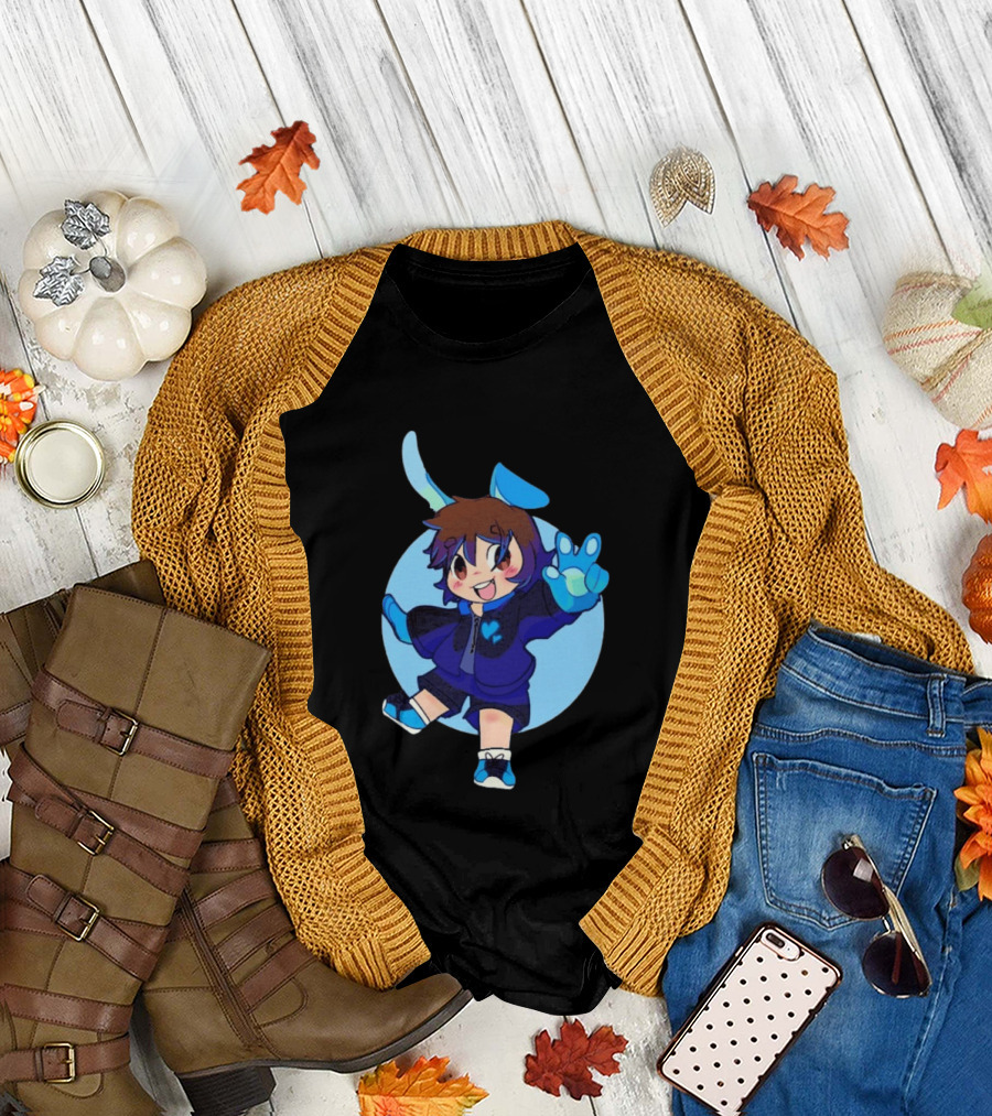 The8BitDrummer Bunny Blue Heart Cartoon Character with Bunny Ears and Sneakers T-Shirt
