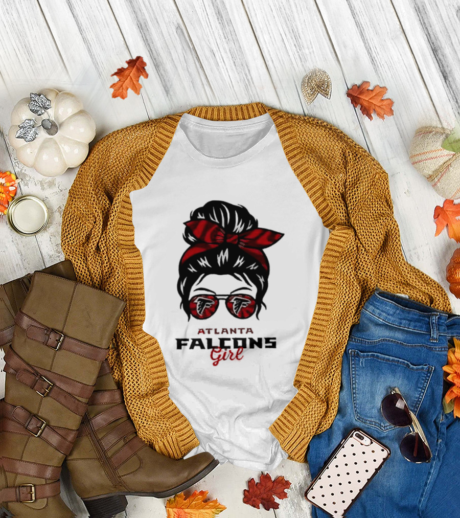Atlanta Falcons Girl Messy Bun 2026 Bow Sunglasses T-Shirt