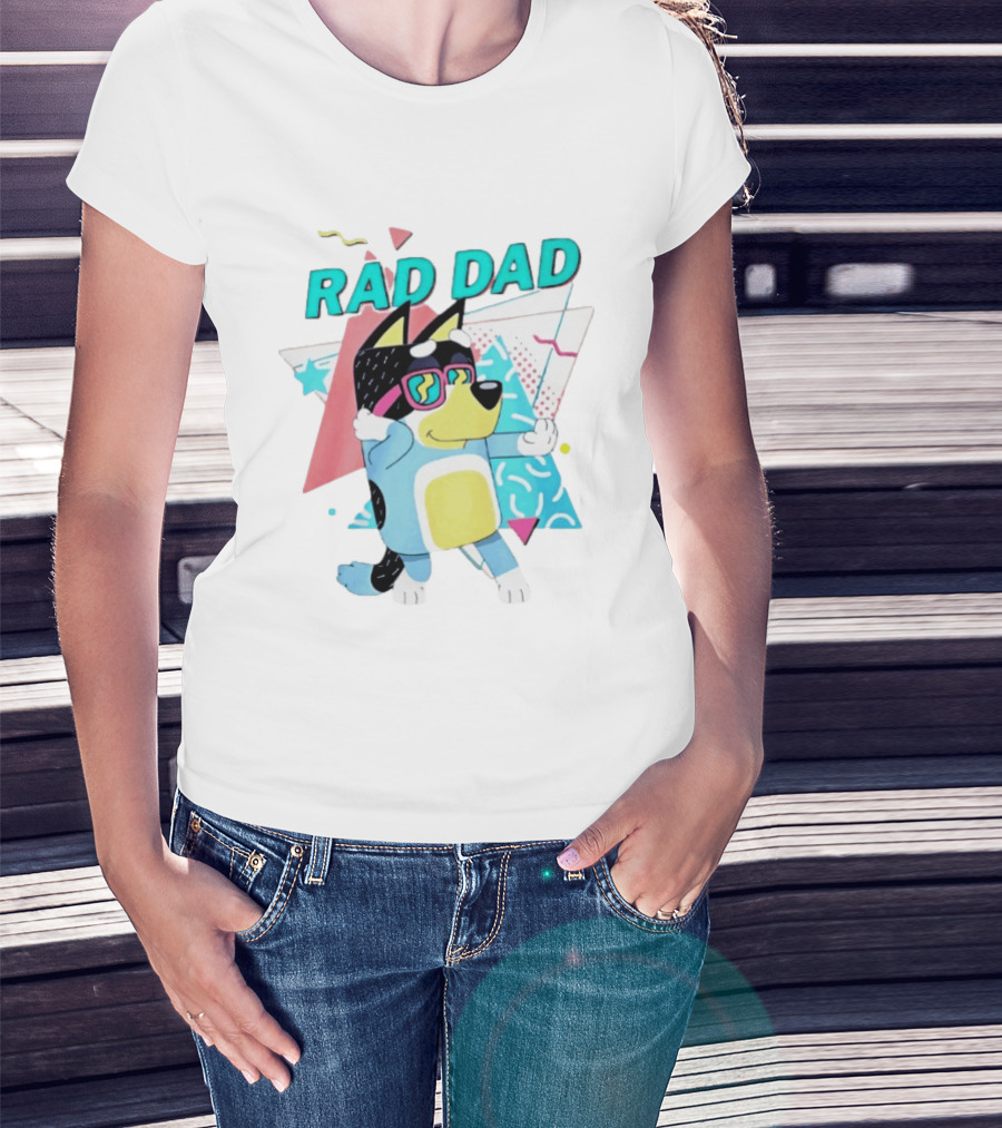 Blue Dog Rad Dad Retro Vibes With Sunglasses And Geometric T-Shirt