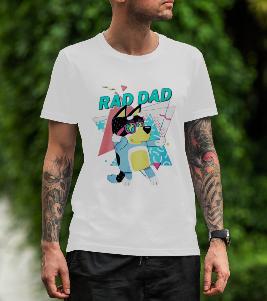 Blue Dog Rad Dad Retro Vibes With Sunglasses And Geometric T-Shirt