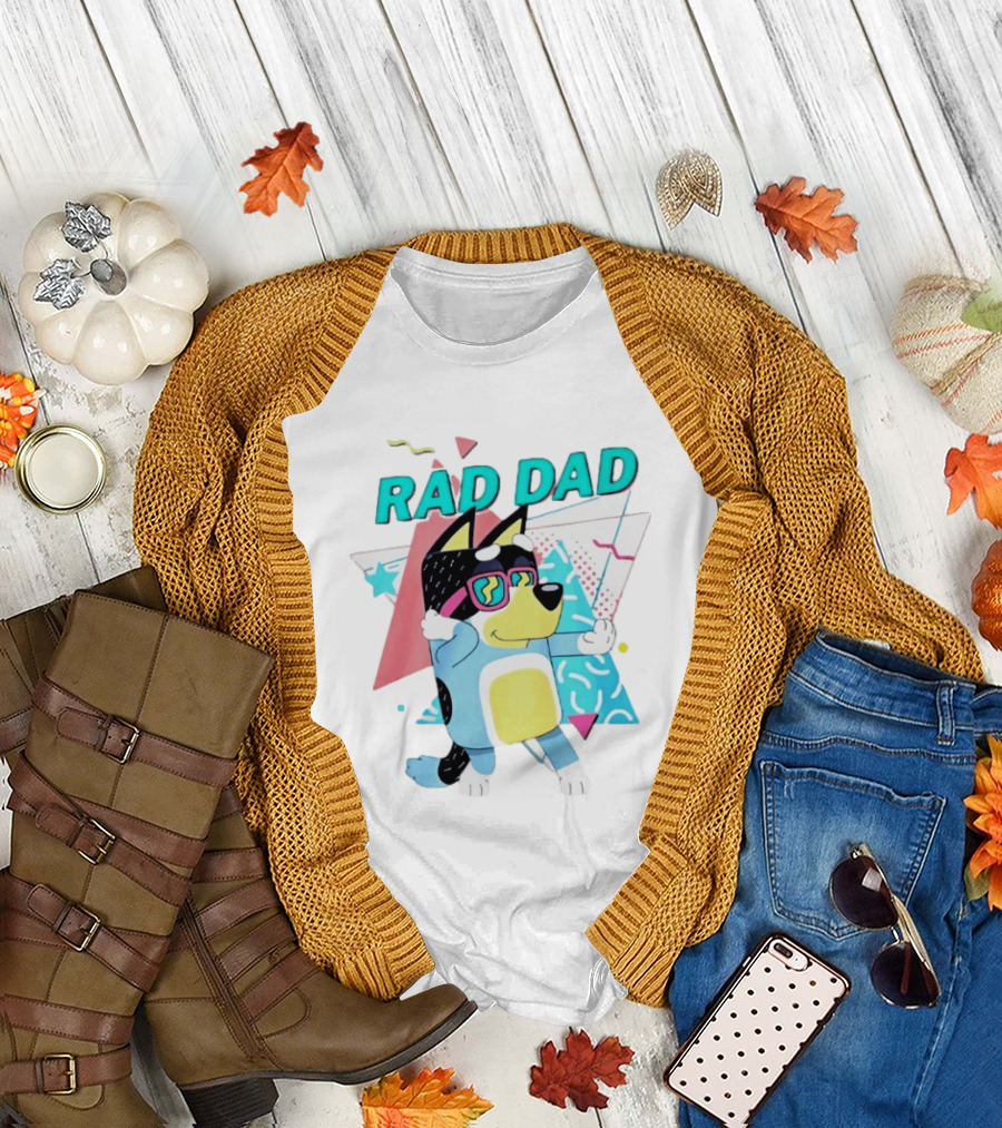 Blue Dog Rad Dad Retro Vibes with Sunglasses and Geometric T-Shirt