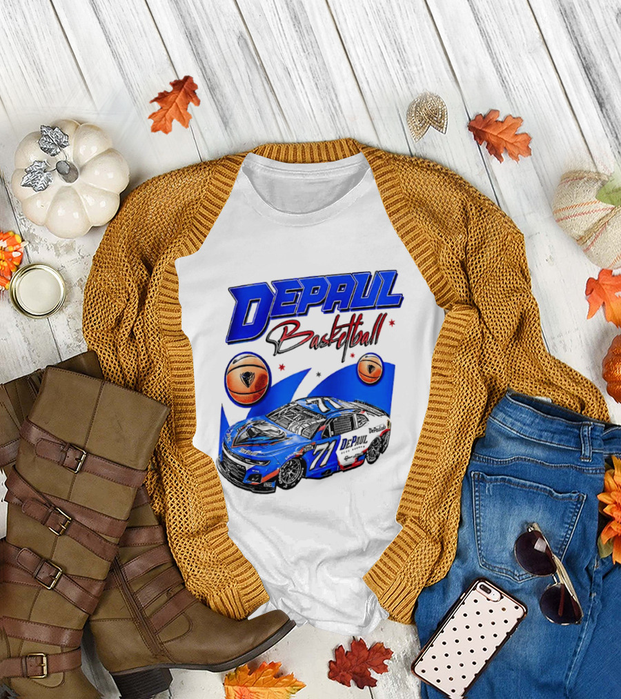 DePaul Basketball NASCAR Collaboration with Blue Race Car and Basketball T-Shirt