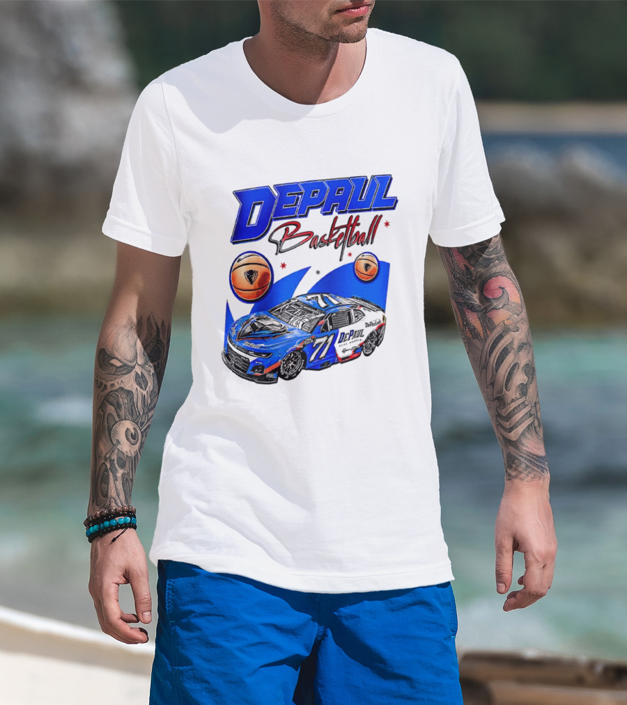 DePaul Basketball NASCAR Collaboration With Blue Race Car And Basketball T-Shirt